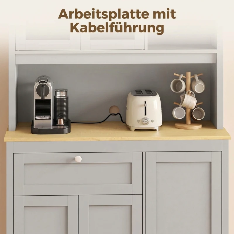 HOMCOM Vorratsschrank mit offener Arbeitsfläche und Kabeldurchlass, Küchenbuffet mit Glastüren Grau, 180cm