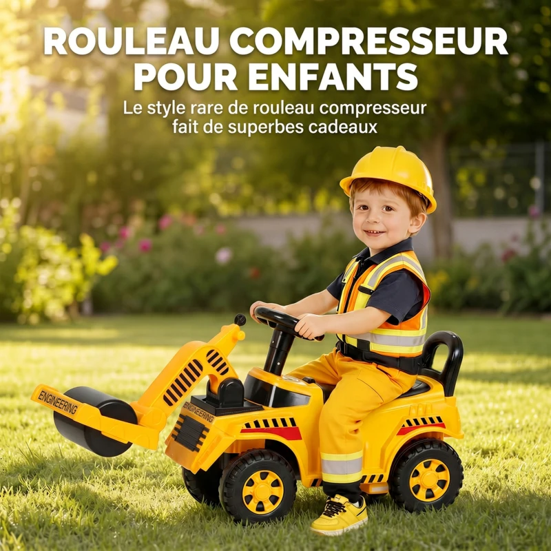 AIYAPLAY Porteur Enfant Rouleau Compresseur, Rouleau avant Relevable, Volant, Klaxon, Rangement sous Siège, 95x29x41cm, Jaune