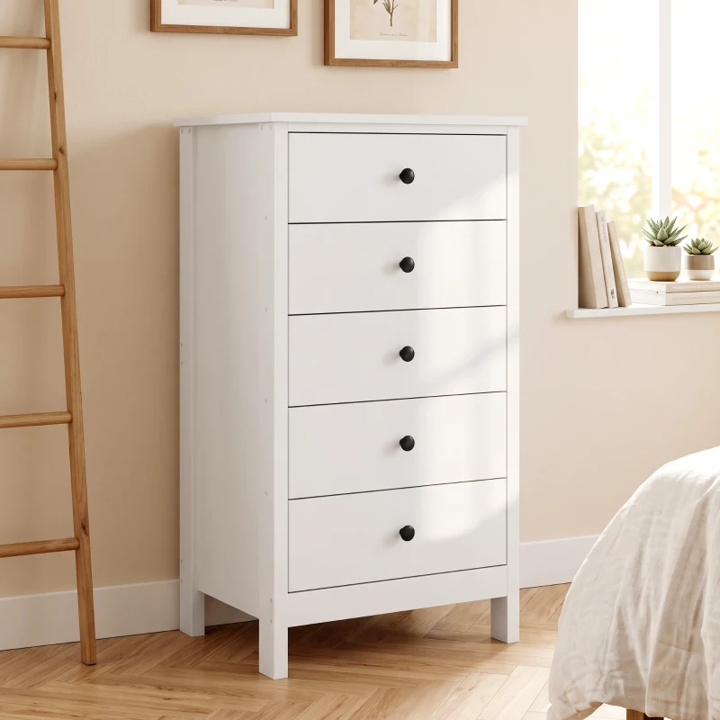 HOMCOM Kommode mit 5 Schubladen, mit schwarzen Griffen, für Schlafzimmer und Wohnzimmer, 50 x 35 x 90 cm, Weiß