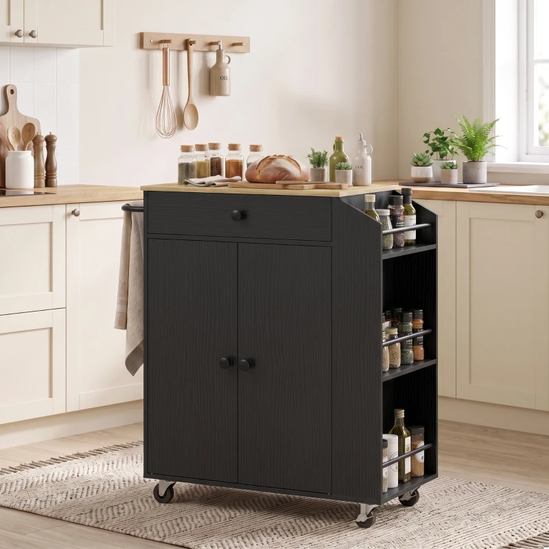 HOMCOM Rolling Kitchen Island with 3-Tier Spice Rack, Kitchen Storage Cart with Drawer and Towel Rack, Black