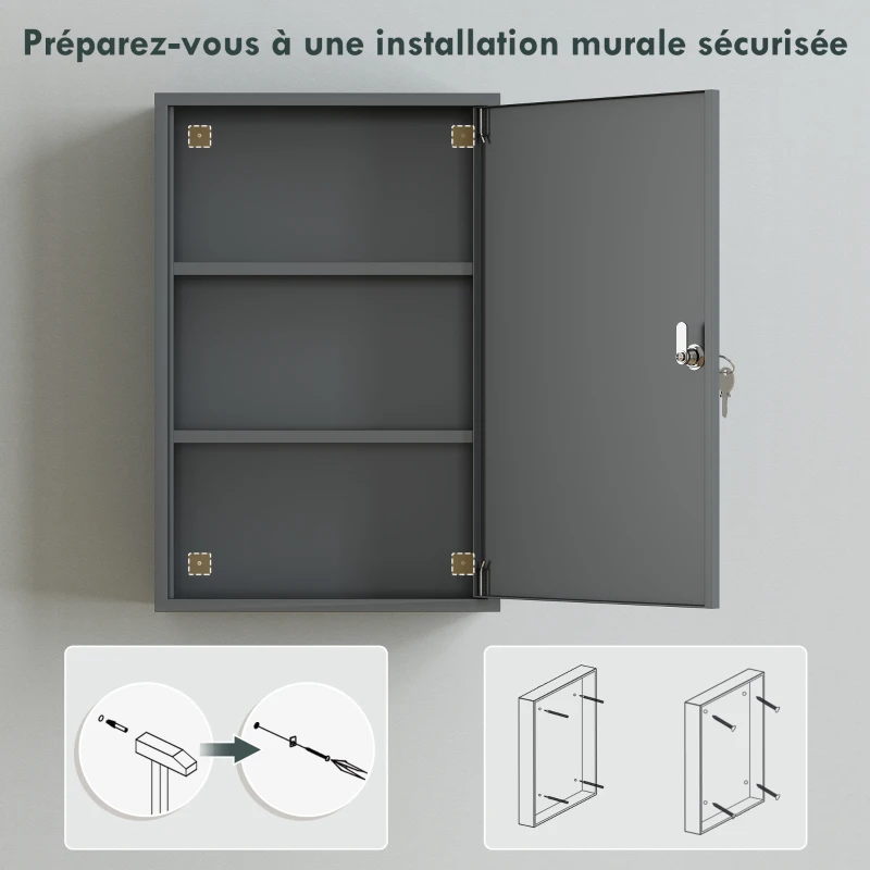 kleankin Armoire à Pharmacie 2 Étagères 3 Niveaux Verrouillable, Dim. 40L x 18l x 60H cm, 2 Clés, Métal, Gris Fumé