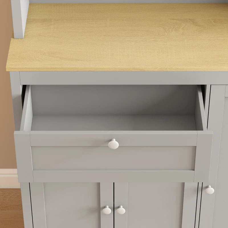 HOMCOM Voorraadkast met open werkblad en kabeldoorvoer, keukenbuffet met glazen deuren, grijs, 180 cm