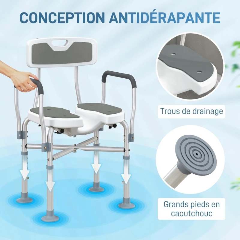 HOMCOM Tabouret de douche, tabouret de bain avec siège rembourrée en U amélioré et accoudoirs, hauteur réglable, gris