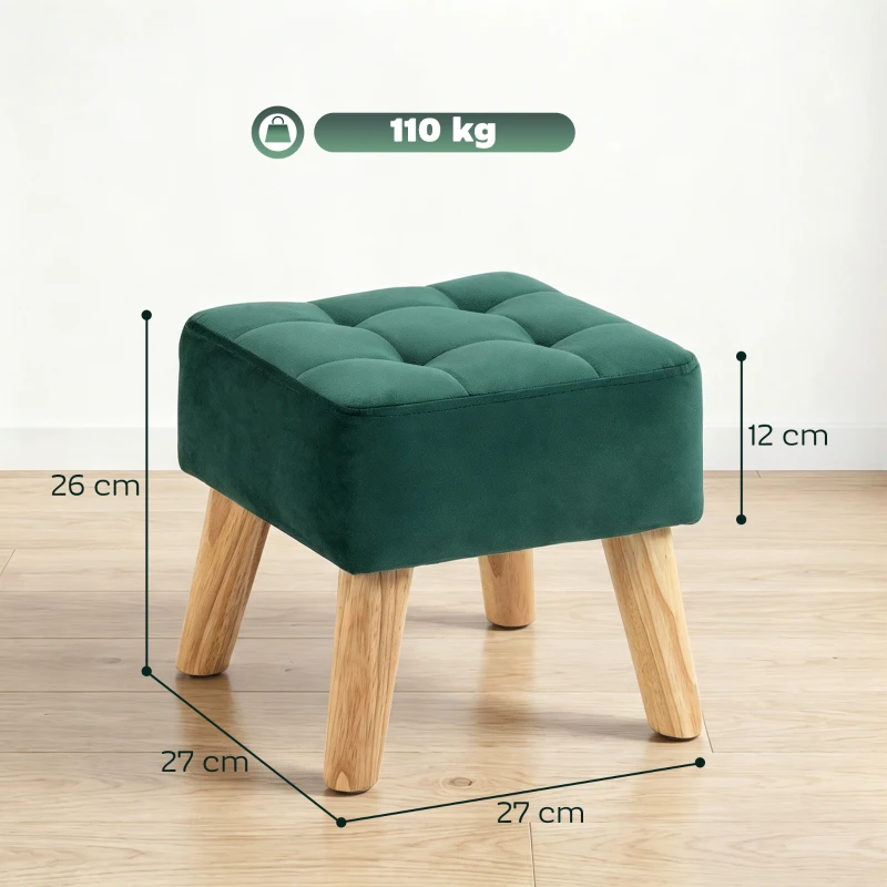 HOMCOM Repose-Pied Salon, Ottoman, Siège Rembourré en Tissu avec Pieds en Bois, 27 x 27 x 26 cm, Vert Foncé