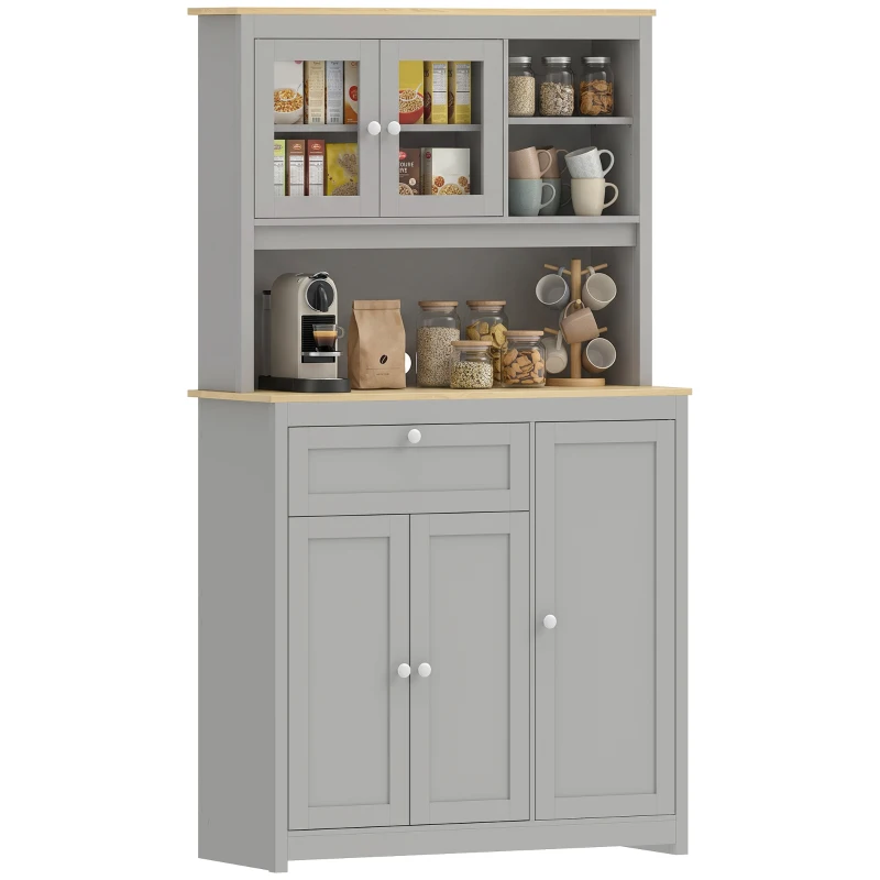HOMCOM Voorraadkast met open werkblad en kabeldoorvoer, keukenbuffet met glazen deuren, grijs, 180 cm