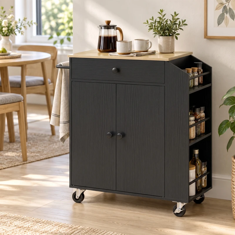 HOMCOM Rolling Kitchen Island with 3-Tier Spice Rack, Kitchen Storage Cart with Drawer and Towel Rack, Black