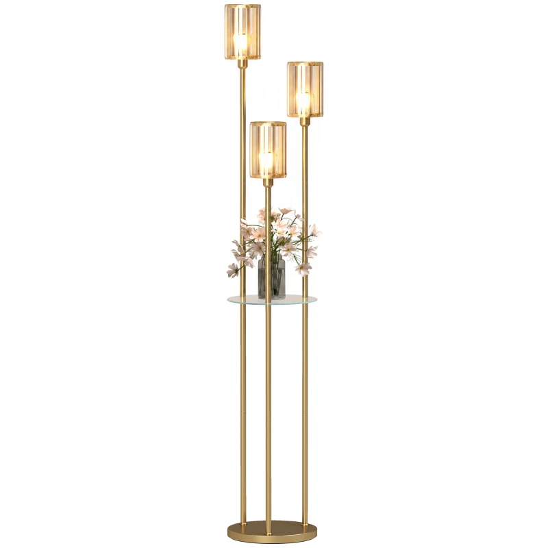 HOMCOM Lampa stojąca z półkami z 3 szklanymi kloszami Lampa stojąca ze szklanym stolikiem 177 cm złota