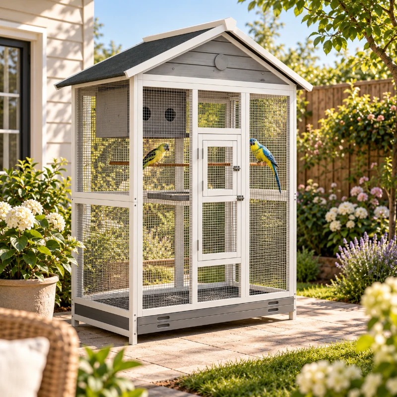 PawHut Houten vogelkooi met 4 zitstokken, asfaltdak, waterdicht, 112 x 68 x 154 cm(m-9)