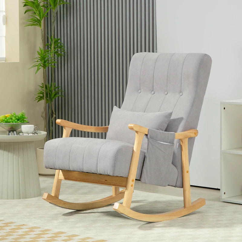 HOMCOM Sedia a Dondolo in Tessuto Effetto Lino Imbottita, Seduta Profonda, Gambe in Legno di Caucciù, Grigio