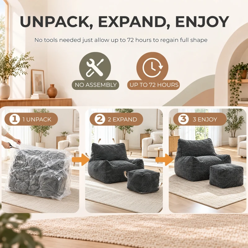 HOMCOM Pouf Salon Adulte avec Repose-Pieds, Fauteuil de Sol 1 Place Compressé en Chenille, avec Dossier, Accoudoirs, Gris
