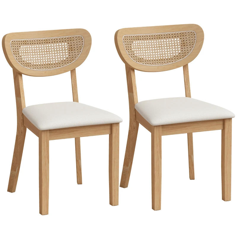 HOMCOM Lot de 2 Chaises de Salle à Manger, Chaises de Cuisine Rembourrées en Lin, Dossier à Effet Rotin et Pieds d'Hévéa, Beige