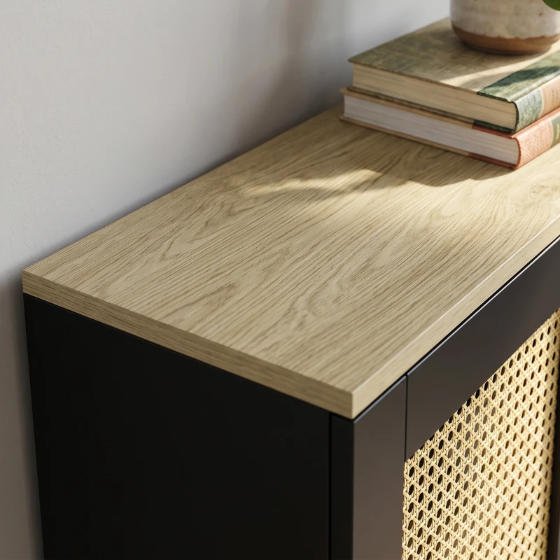 HOMCOM Cache-Radiateur en Bois, 2 Portes en Resine Tressée, Charnières Réglables, Étagère Supérieure, 78 x 19 x 75 cm, Noir