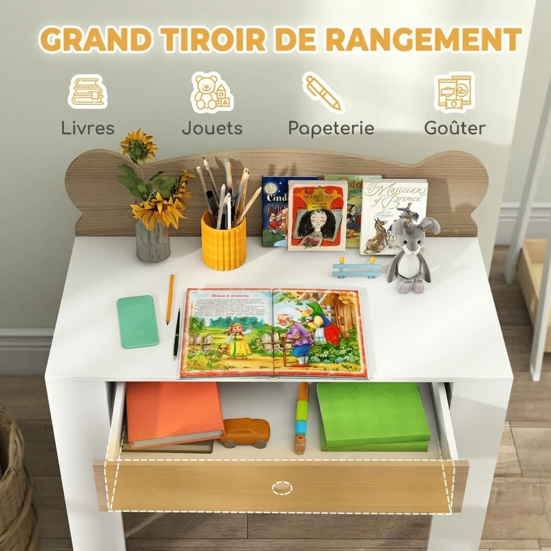 AIYAPLAY Bureau enfant avec chaise, table enfant et chaise avec tiroir et large plateau, 80 x 41 x 74,5 cm, bois naturel