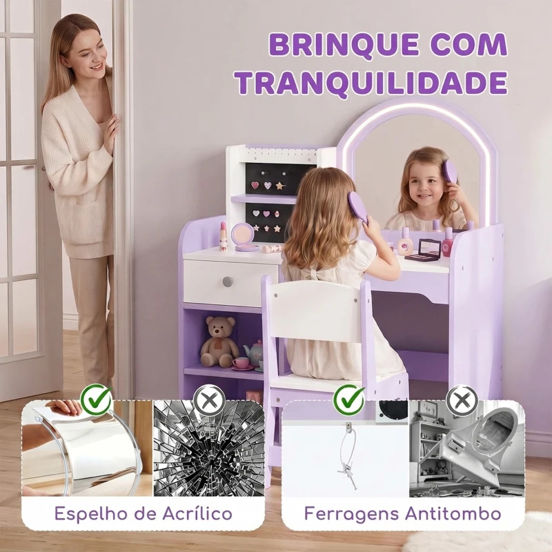 AIYAPLAY Penteadeira de Maquilhagem para Menina com Espelho LED de 2 Cores, Banco, Suportes para Joias, Gaveta e Compartimentos, Roxo
