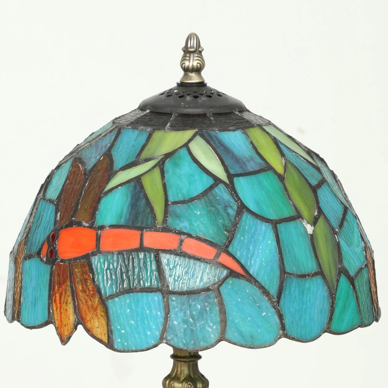 HOMCOM Tiffany Stained Glass Table Lamp, Handmade Antique Bedside Lamp for Bedroom, Living Room, Nightstand, Green