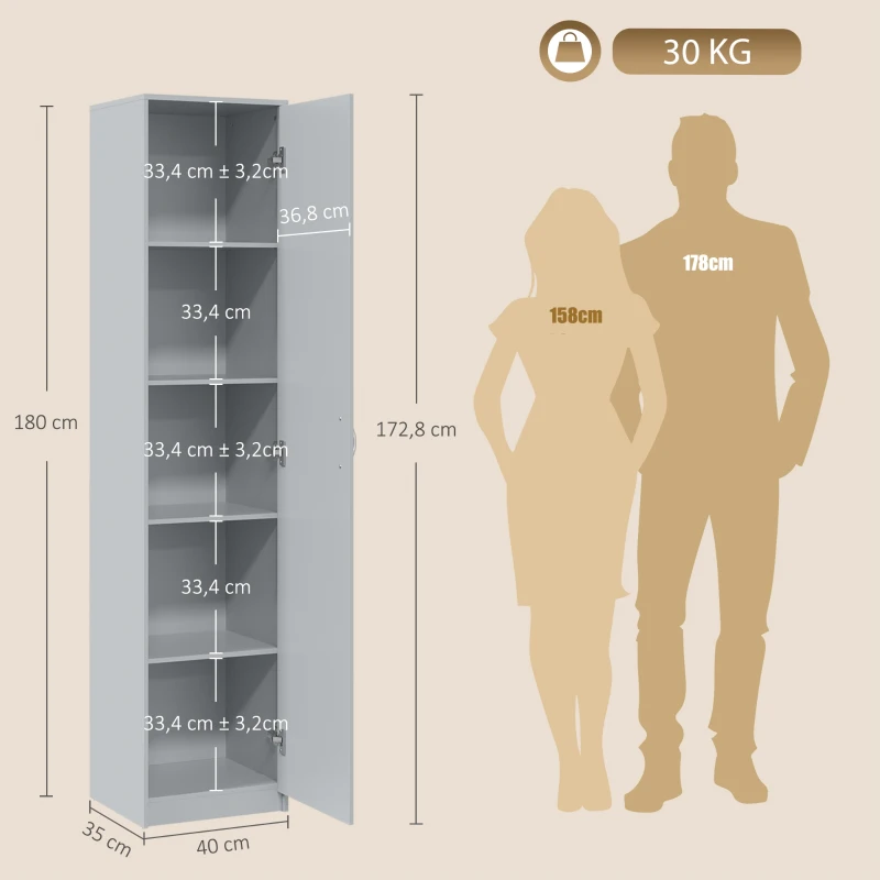 HOMCOM Keukenkast met 5 niveaus, opbergkast met verstelbare planken, voor woonkamer, keuken en voorraadkast, hout, grijs