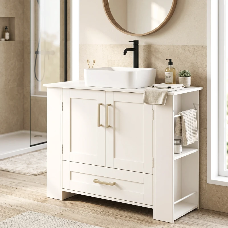 HOMCOM Mueble Bajo Lavabo Estantes en la Puerta Portarrollos Cajón Compartimentos Abiertos para Lavabo sin Pedestal Blanco