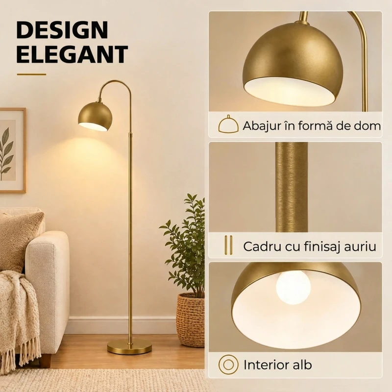 HOMCOM Lampadar modern 40W E27, înălțime reglabilă, abajur orientabil, întrerupător cu pedală, auriu