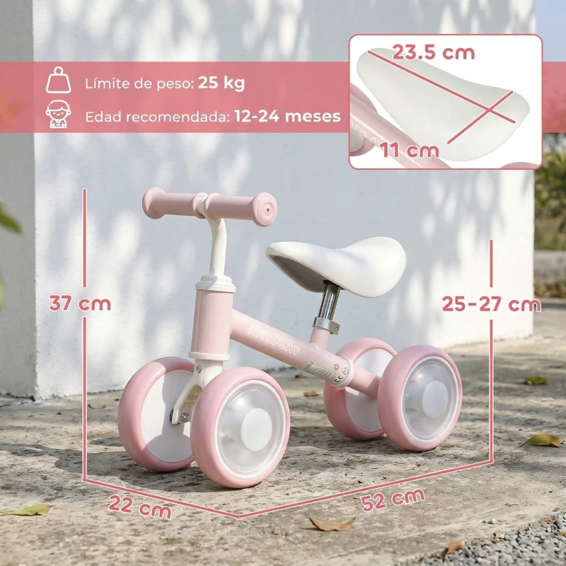 AIYAPLAY Bicicleta sin Pedales Limitado a 135° Asiento Ajustable 4 Ruedas EVA con Luces para Niños y Niñas de 1 a 2 Años Rosa