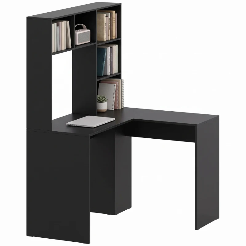 HOMCOM Modern Corner Computer Desk, L Shaped Desk with Monitor Stand and Storage Shelves for Home Office, Bedroom, Black