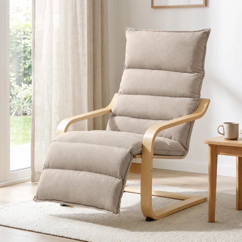 HOMCOM Curved Wooden Accent Chair, Armchair with Adjustable Footrest, Light Brown