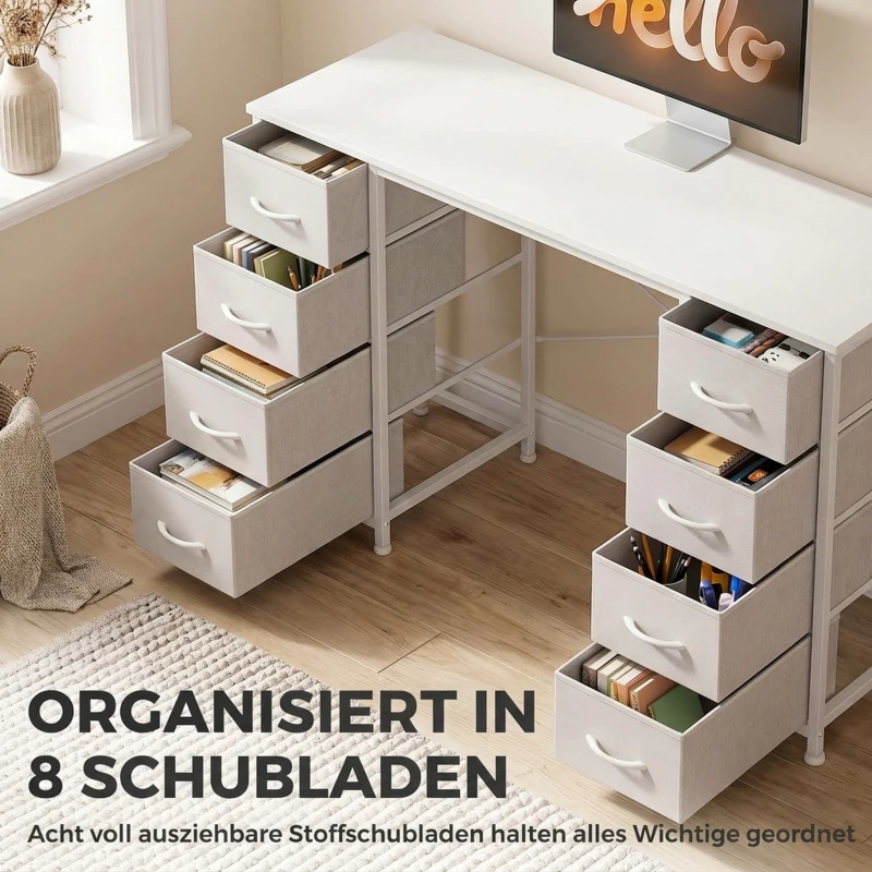 HOMCOM Computertisch mit 8 Stoffschubladen und Stauraum Schreibtisch 140 cm Weiß