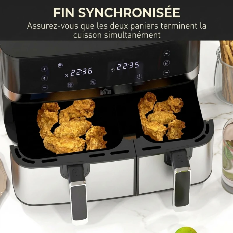 HOMCOM Friteuse à air sans huile, Air Fryer, double compartiment 8,5 L, 2700 W - 8 programmes, température réglable, minuterie