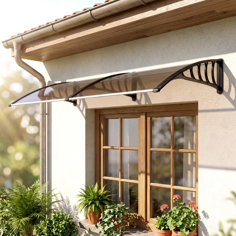 Outsunny Marquise Exterior para Portas e Janelas 200x96 cm com Barra de Liga de Alumínio, PP e Policarbonato, Castanho