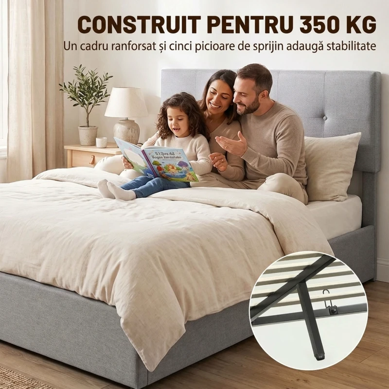 HOMCOM Pat cu ladă 140 x 190 cm, tapițat cu aspect de in, gri închis