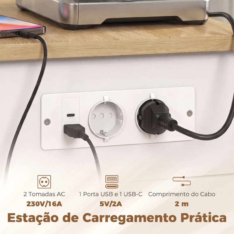 HOMCOM Ilha de Cozinha com Rodas, Tampo Extensível, Estação de Carregamento, Compartimento para Balde, Prateleiras nas Portas, Branco