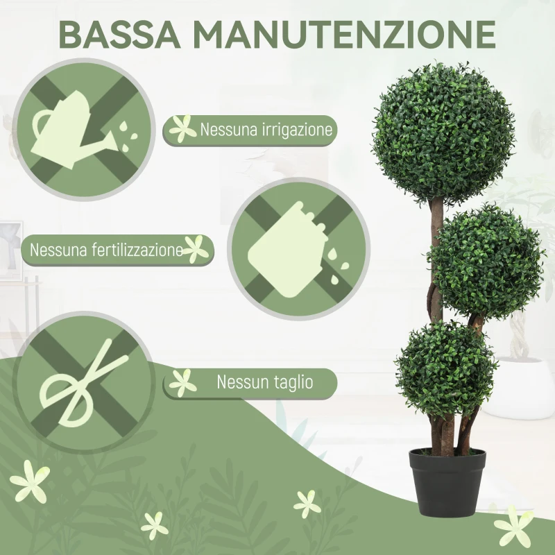 HOMCOM Pianta di Bosso Artificiale a 3 Sfere con Vaso Incluso, Altezza 100 cm, Anti UV, per Interno ed Esterno, Verde