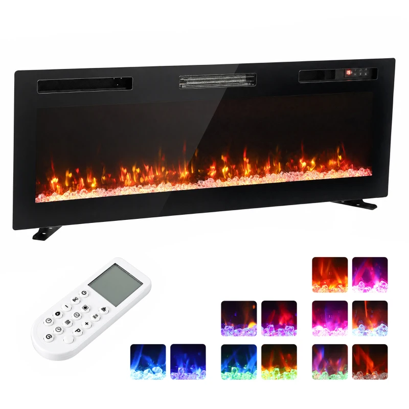 HOMCOM Șemineu Electric 127 cm, Încastrat/Perete/Podea, Ultrasubțire 8,3 cm, cu Telecomandă, 900/1800W, Timer, Negru