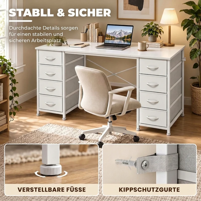 HOMCOM Computertisch mit 8 Stoffschubladen und Stauraum Schreibtisch 140 cm Weiß