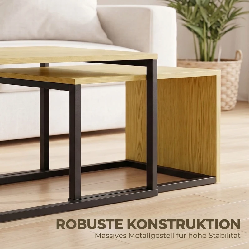 HOMCOM Set van 2 salontafels/bijzettafels, MDF, metaal, 90 x 48 x 42 cm / 59 x 42 x 36 cm, naturel hout + zwart