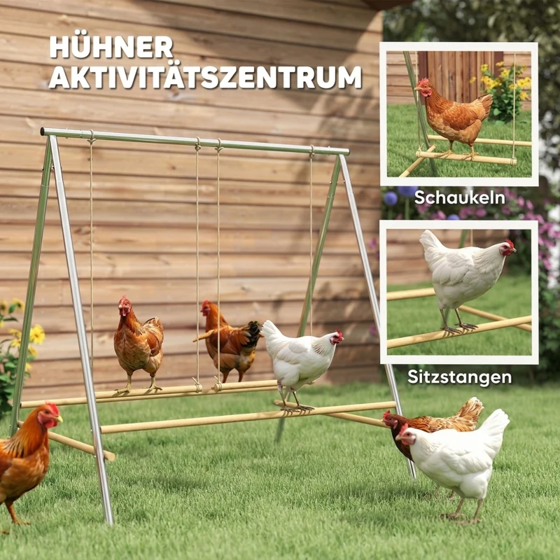 PawHut Kippen speelrek van staal en grenenhout, met zitstokken en 2 schommels voor 4-6 kippen