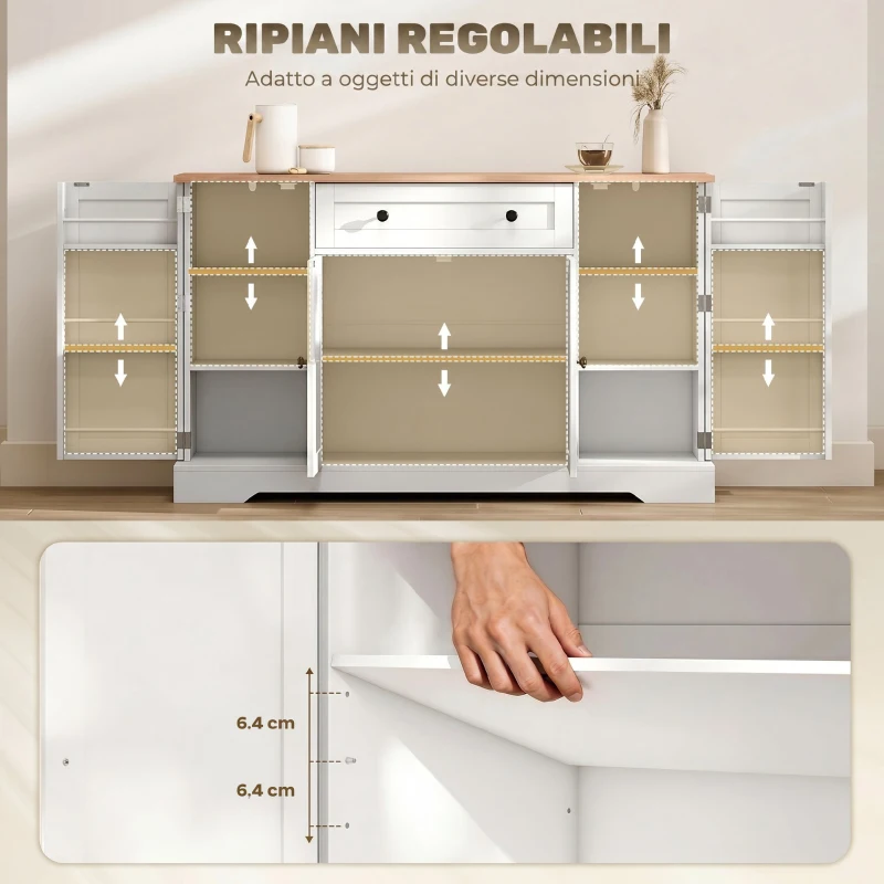 HOMCOM Credenza Cucina Buffet Moderna con Cassetto e 4 Ante, Mobile Cucina con Ripiani Regolabili, 6 Portaspezie, 138x40x83.5 cm, Bianco