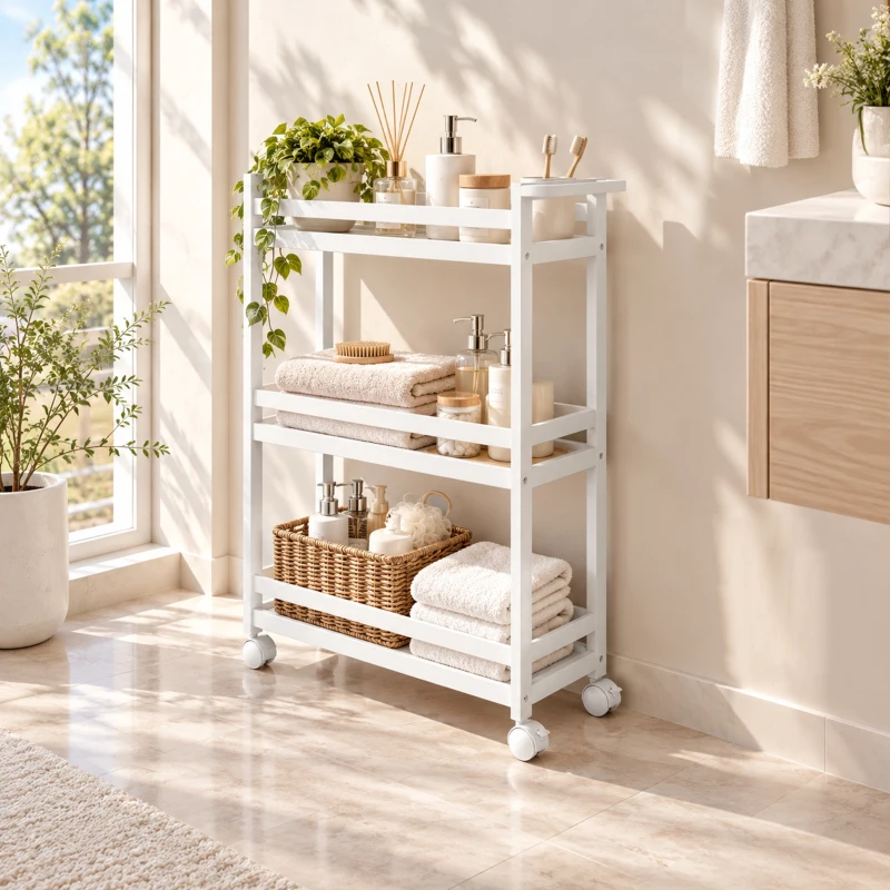 HOMCOM Estantería de Baño de Bambú de 3 Niveles Carrito Auxiliar de Almacenaje con Ruedas 55x20x75 cm Blanco