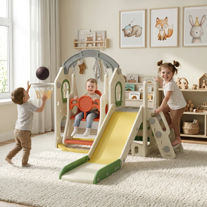 AIYAPLAY Toddler Slide and Swing Set, 6-in-1 Children Activity Centre Playground with Adjustable Swing Seat, Ladder, Cream