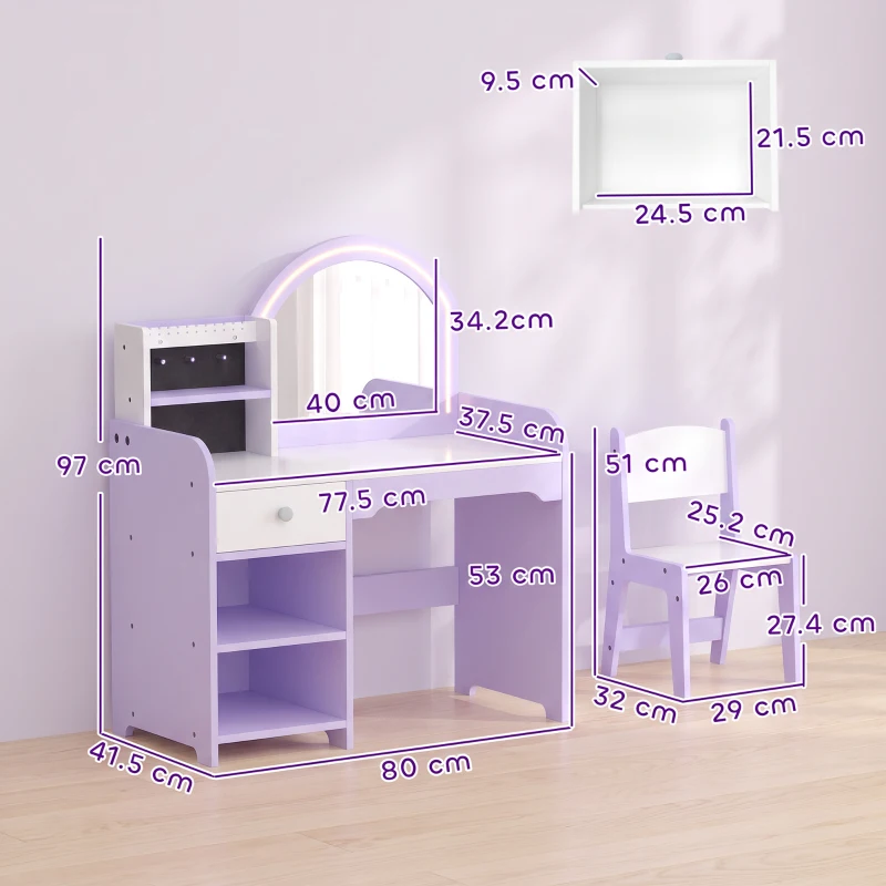 AIYAPLAY Kids Vanity Set, Kids Dressing Table with Stool, 2-Colour Lights Mirror, Pretend Dresser Gift for Ages 3-8, Purple