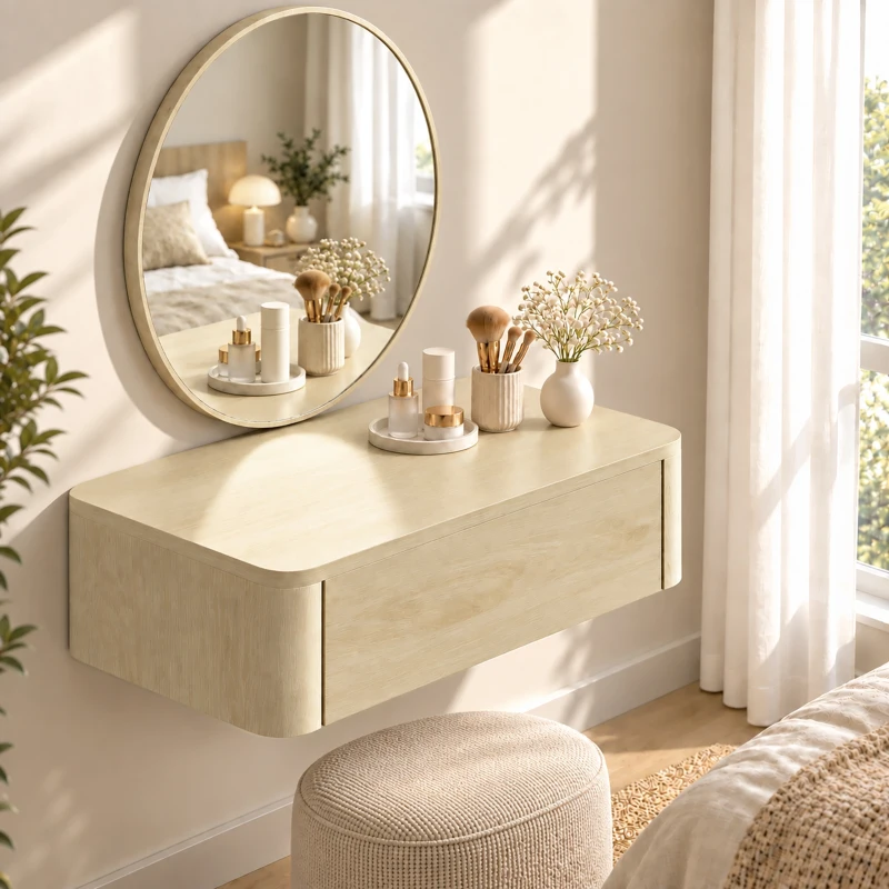 HOMCOM Coiffeuse Murale Moderne avec Miroir Rond et Tiroir Dissimulé, pour Chambre, Petit Espace, 60 x 38 x 18 cm, Chêne