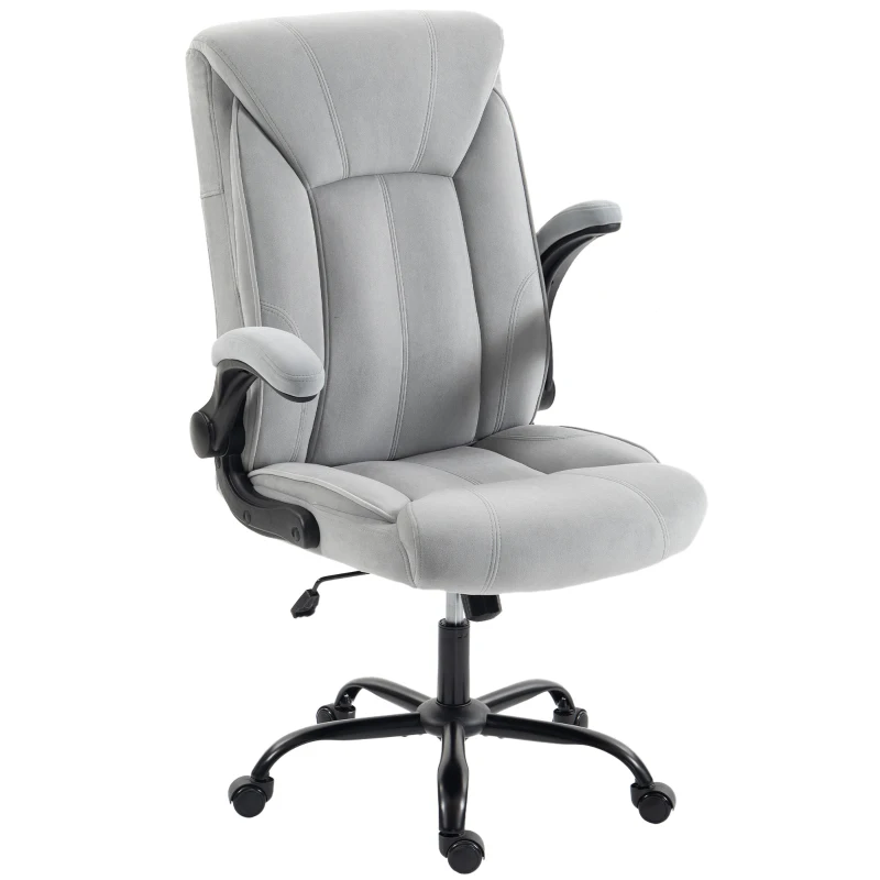 HOMCOM Chaise Bureau Ergonomique en Tissu Flanelle, Hauteur Réglable, Bascule, Accoudoirs Relevables, 66x77x122cm, Gris Clair