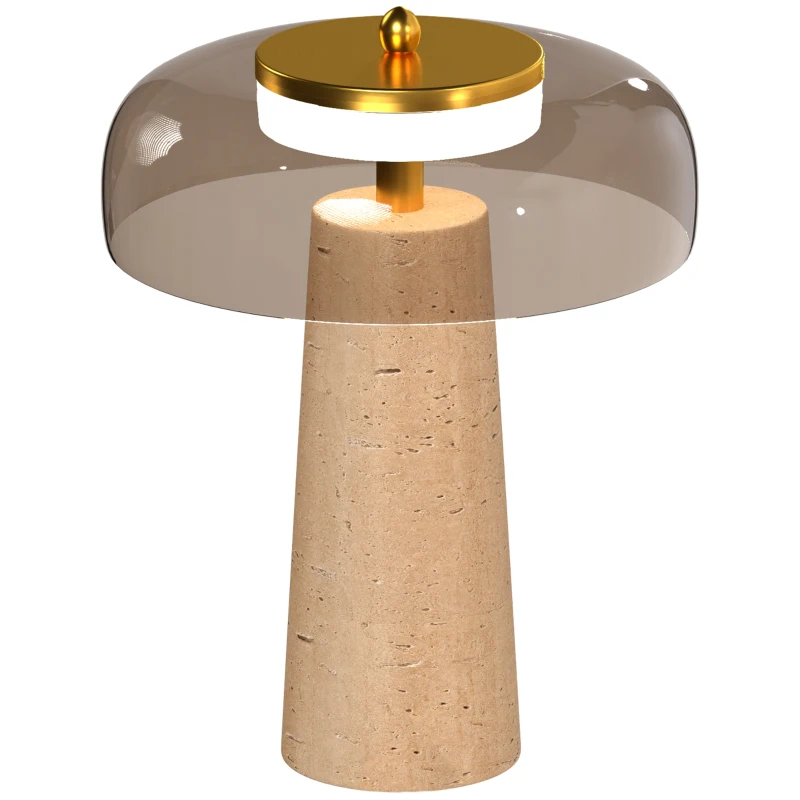 HOMCOM Lampe de Table Vintage avec Abat-Jour en Verre et Base en Travertin, Lampe de Chevet Rétro, Lumière Chaude 3000 K, Ambre