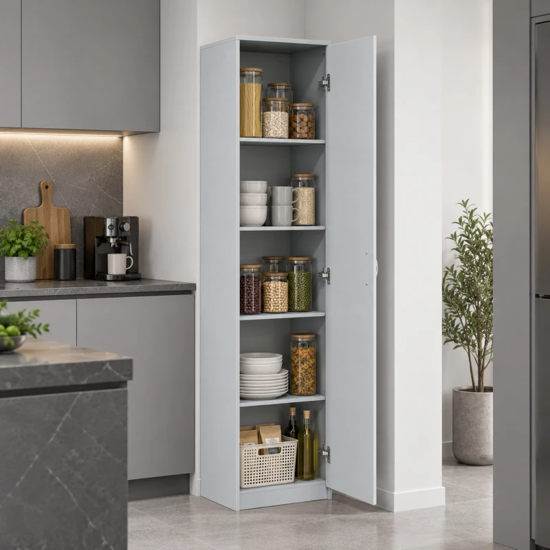 HOMCOM Keukenkast met 5 niveaus, opbergkast met verstelbare planken, voor woonkamer, keuken en voorraadkast, hout, grijs