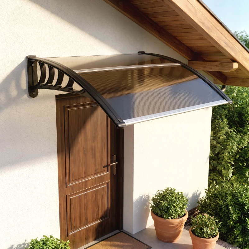 Outsunny Marquise para Portas e Janelas 103x96,5 cm Marquise com Proteção para Sol e Chuva com Painéis de Policarbonato Preto e Marrom