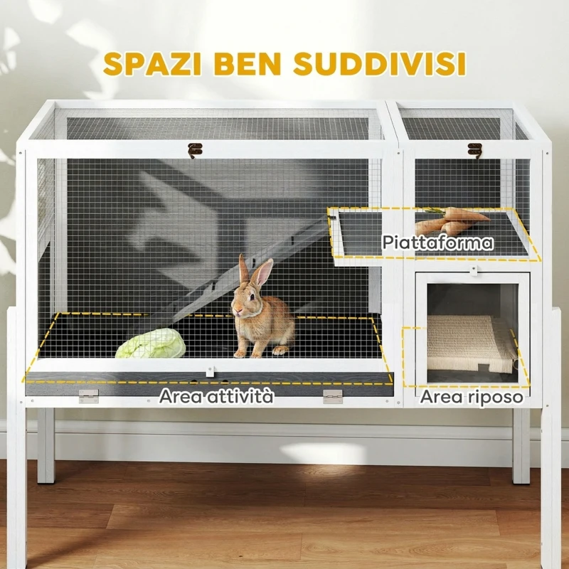 PawHut Gabbia per Conigli e Criceti da Interno Rialzata con Vassoio Estraibile e Tetto Apribile, Grigio