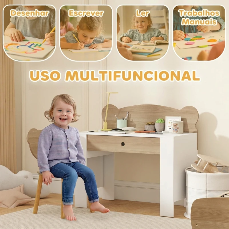 AIYAPLAY Secretária para Crianças com Cadeira em Forma de Ursinho Secretária Infantil com Gaveta para Estudar Ler e Desenhar Branco e Madeira