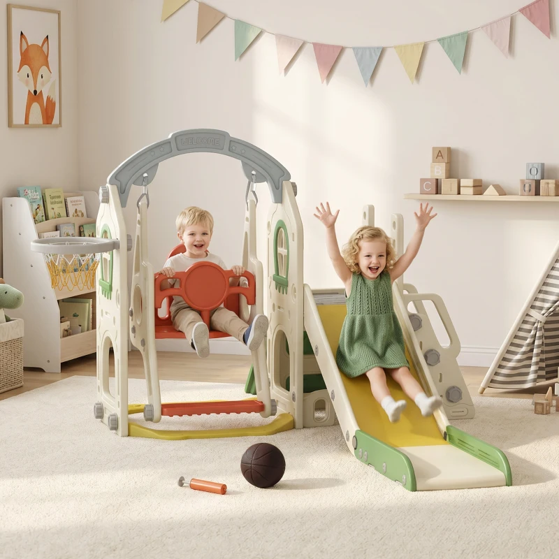 AIYAPLAY Toddler Slide and Swing Set, 6-in-1 Children Activity Centre Playground with Adjustable Swing Seat, Ladder, Cream