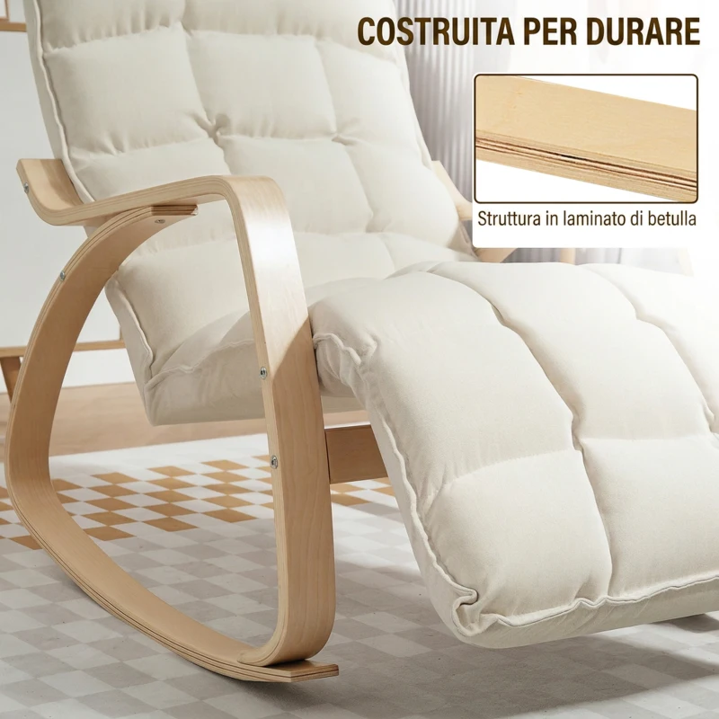 HOMCOM Sedia a Dondolo in Tessuto Effetto Lino Imbottita, Poggiapiedi Regolabile, per Camera da Letto e Soggiorno, Crema
