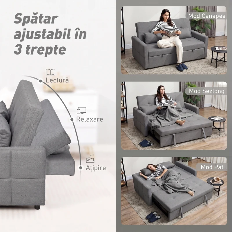 HOMCOM Canapea Extensibilă 2 Locuri 3 în 1, Tip In, cu 2 Perne, Extractibilă Click-Clack, Gri