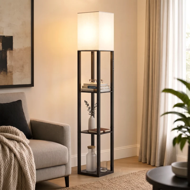 HOMCOM Floor Lamp with Shelves, Modern Dimmable Standing Lamp with Fabric Lampshade, Adjustable Colour Temperature, Black